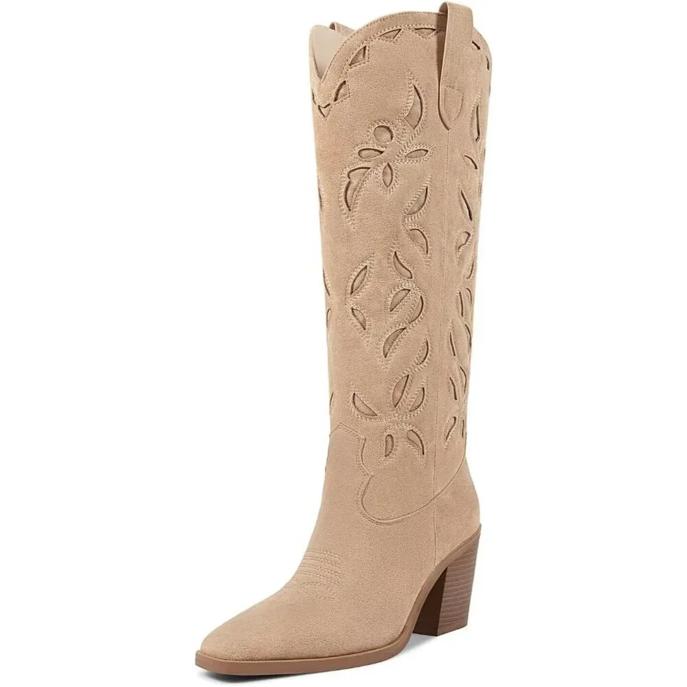 Women Knee Apricot Faux Leather Pull On Tab Chunky Heel Pointed Toe Unique Boots